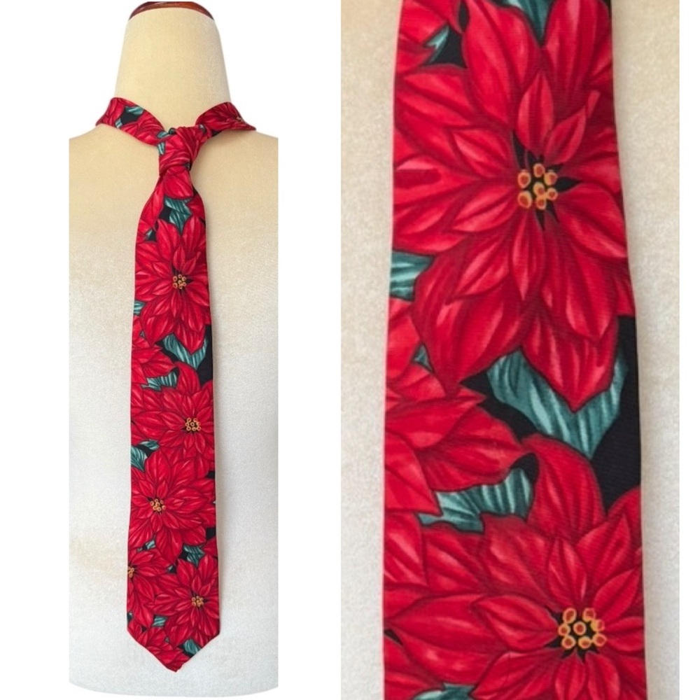 Silk Poinsettia Christmas Necktie Holiday Festive 100% Silk Party Men’s Tie